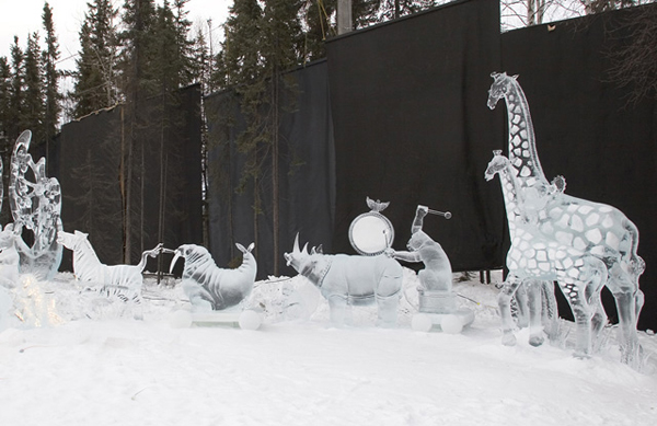 Animal Parade ice sculpture, finished work viewed in daylight. By Steve Brice, Heather Brown, Tjana Raukar, and Mario Amegee. Ice Alaska 2005.