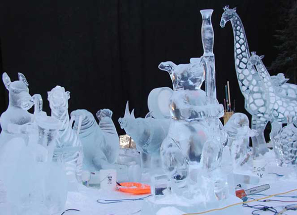 Animal Parade ice scupture in progress. By Steve Brice, Heather Brown, Tjana Raukar, and Mario Amegee. Ice Alaska 2005.