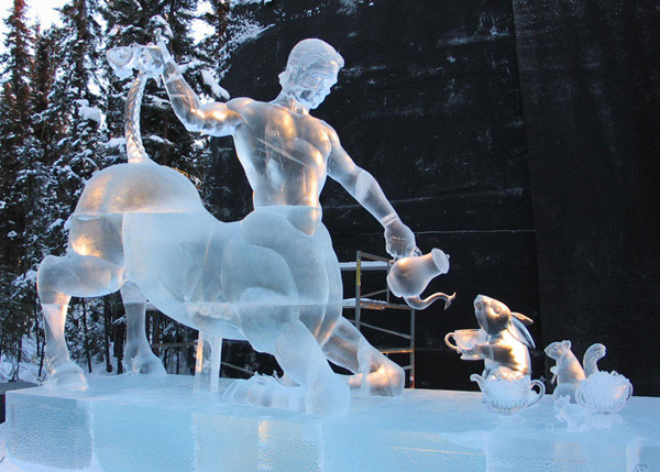 "Time for Tea" ice sculpture of centaur, finished, viewed in daylight. By Heather Brown, Aaron Costic, Steve Brice and Joan Brice. World Ice Art Championships 2006.