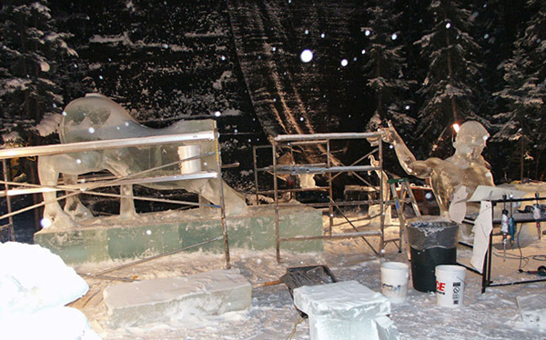 "Time for Tea" ice sculpture of centaur, in progress. By Heather Brown, Aaron Costic, Steve Brice and Joan Brice. World Ice Art Championships 2006.