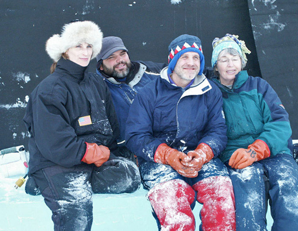 "Time for Tea" ice sculpture of centaur, artists resting. Heather Brown, Aaron Costic, Steve Brice and Joan Brice.