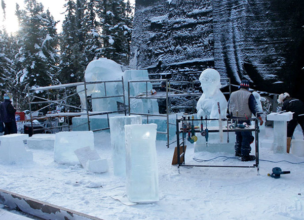 "Time for Tea" ice sculpture of centaur, in progress. By Heather Brown, Aaron Costic, Steve Brice and Joan Brice. World Ice Art Championships 2006
