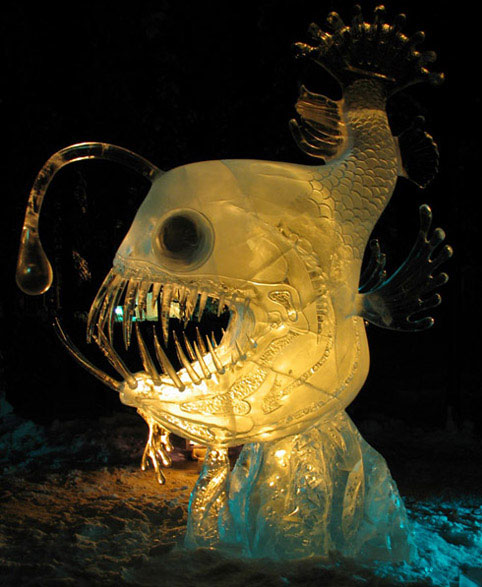 Allure, deep water fish by Heather Brown and Joan Brice, viewed at night, lit by colored lights