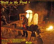 Image from Steve Iverson’s “A Walk in the Park,” showing artists at work at Ice Alaska event, at night.
