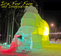 Colorful ice elephant lit up inside with lights. Ice Alaska’s Kid’s Park. Photo by Steve Iverson for Ice Alaska, artist unknown.