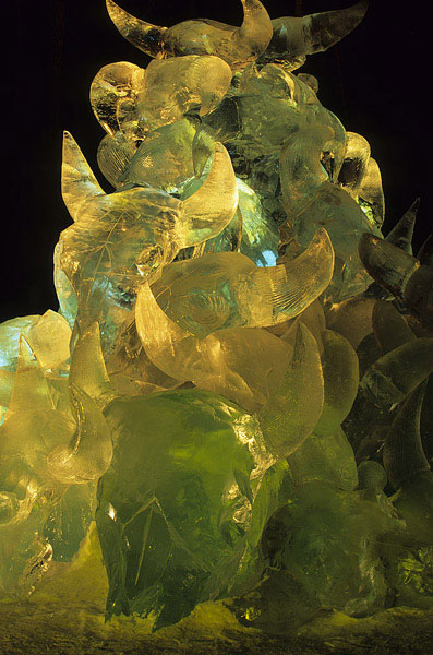 48 large buffalo skulls carved out of ice are stacked in a pile in this ice sculpture, called “Wascana,” by Patricia Leguen and team. Night view, lit with colored lights. For Ice Alaska event, photo by Patrick J. Endres at AlaskaPhotoGraphics