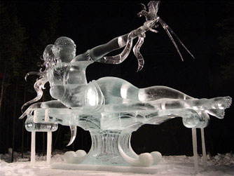 “Bird of Blue Bird,” ice sculpture by Junichi Nakamura for Ice Alaska’s World Ice Art Championships.