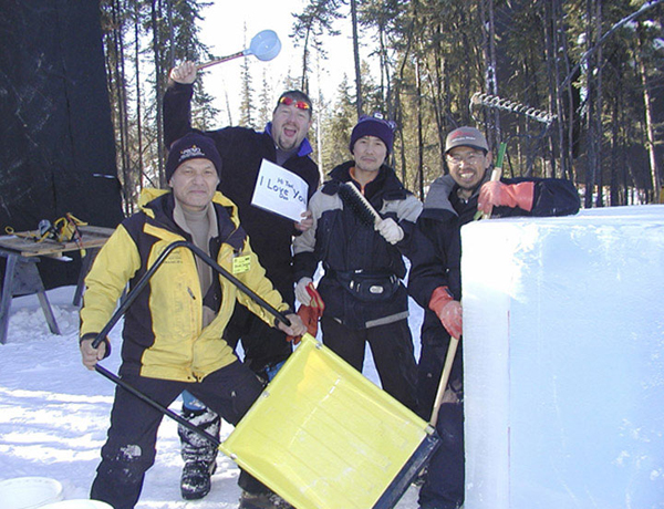 The four artists on the team for “Birth of Blue Bird,” Nakamura, Sawamura, Reboltz, and Shimmoto. World Ice Art Championships 2005