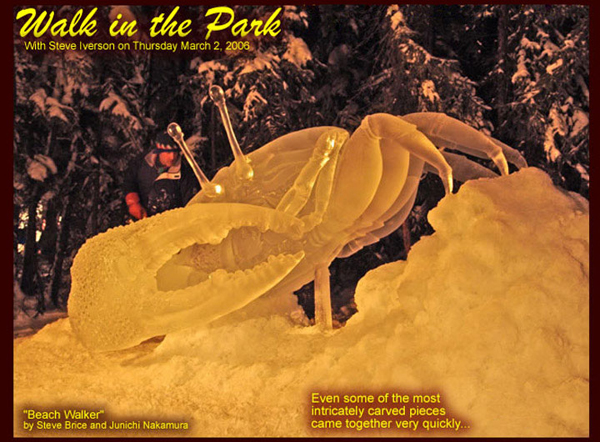 “Beach Walker,” by Junichi Nakamura and Steve Brice for Ice Alaska’s World Ice Art Championships. Shows a larger-than-life crab lit by amber-colored lights. Photo by Steve Iverson, from his “Walk in the Park”.