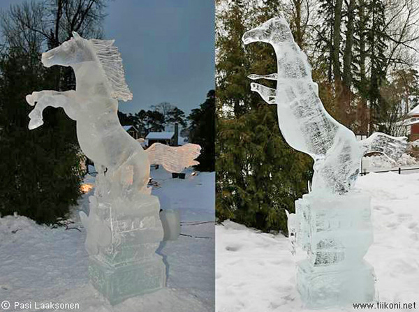 Melting ice sculpture of a rearing horse. Photo by Pasi Laaksonsen.