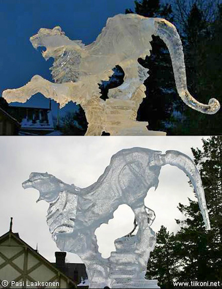 Melting ice sculpture of a tiger. Photo by Pasi Laaksonsen.