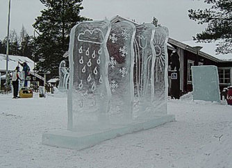 “Kai Tormikoski and Mauno Akhkisalo's sculpture "Four Seasons" 4 ice panels with simple elements of weather carved into them, representing the seasons. Kalajoki, Finland 2004.