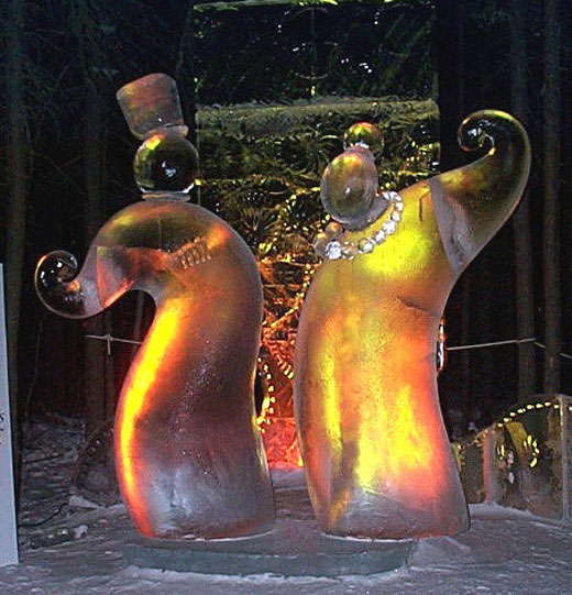 Ice sculpture, “Cossack Dancers,” by Vladimir Zhikhartsev and Nadya Fedotova of Russia for Ice Alaska. Photo by Patrick J. Endres at AlaskaPhotoGraphics.