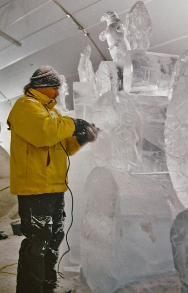 “Snowflake Wall” ice project by Max Zuleta. Max Zuleta carving with a power tool.